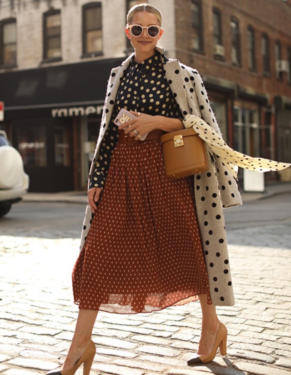 Halogen x Atlantic-Pacific Pleated Polka Dot Midi Skirt Brown Small EUC